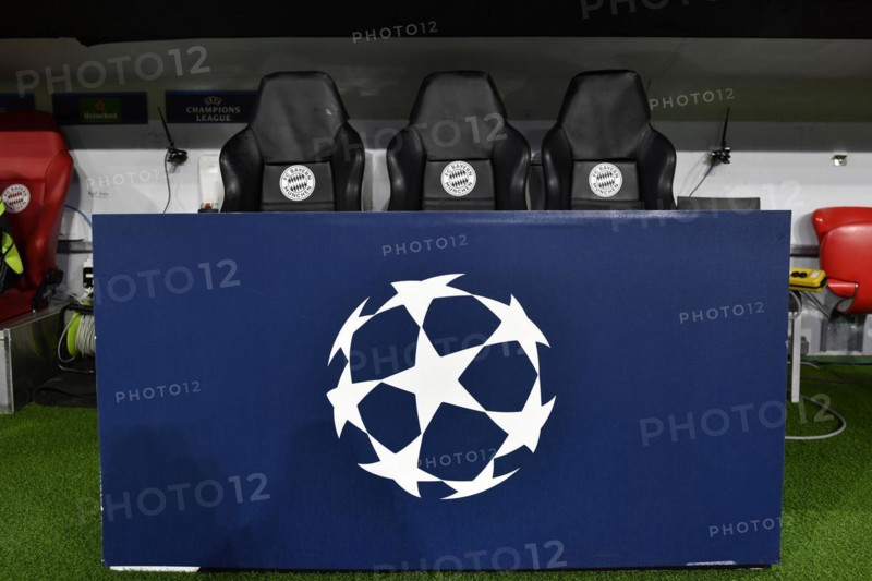 Logo, presenter's table, FC Bayern Munich FCB, Champions League, CL, Allianz Arena, Munich, Bavaria, Germany, Europe