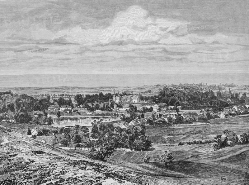 Townscape of Oliva or Oliwa, district of Gdansk, idyllic rural landscape, lake, fields, agriculture, sandy path, Pomerania, Poland historical illustration 1880