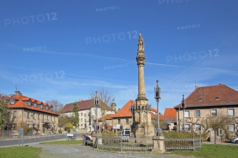 Marian column with Madonna figure, Marienplatz, Wiesentheid, Lower Franconia, Franconia, Bavaria, Germany, Europe