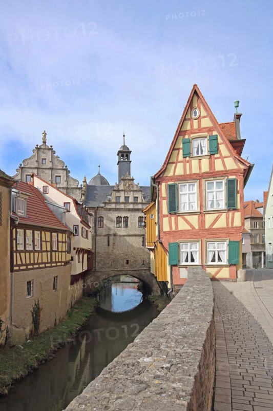 Historic Main Gate, half-timbered house Malerwinkelhaus and Breitbach, town gate, town tower, stream, town wall, museum, Marktbreit, Lower Franconia, Franconia, Bavaria, Germany, Europe