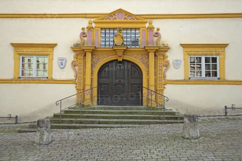 Portal with columns and decorations from the Renaissance castle built in 1580, staircase, yellow, window, house wall, Marktbreit, Lower Franconia, Franconia, Bavaria, Germany, Europe