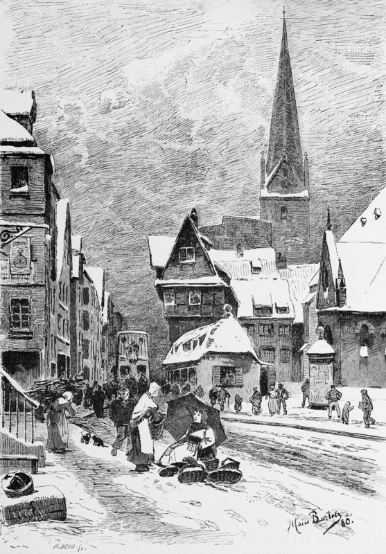 Winter street scene, stone street in the city centre, snow, street, church, building, sale, baskets, many people, advertising pillar, Free and Hanseatic City of Hamburg, Germany, historical illustration 1880, Europe