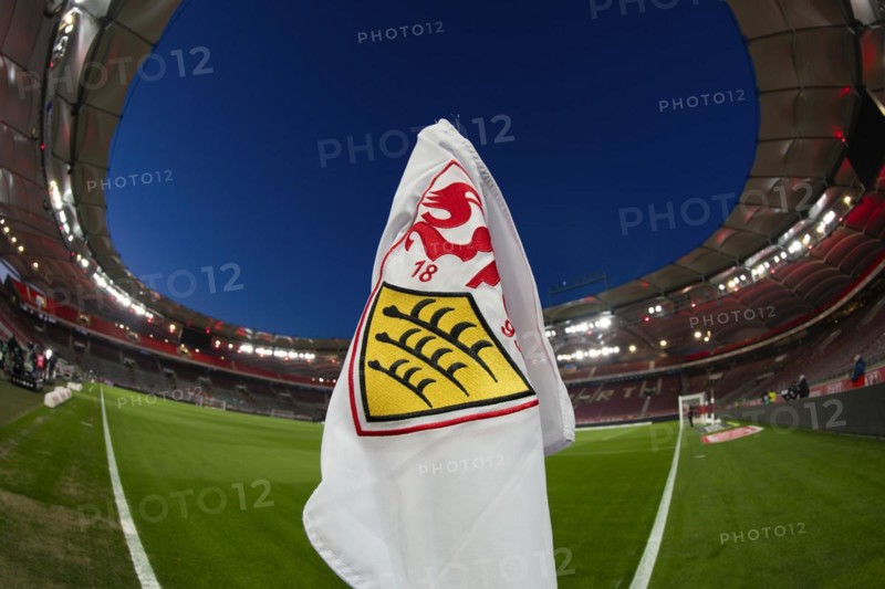 Corner flag, logo, VfB Stuttgart, Bundesliga, interior, floodlit match, blue hour, MHPArena, MHP Arena Stuttgart, Baden-Wuerttemberg, Germany, Europe