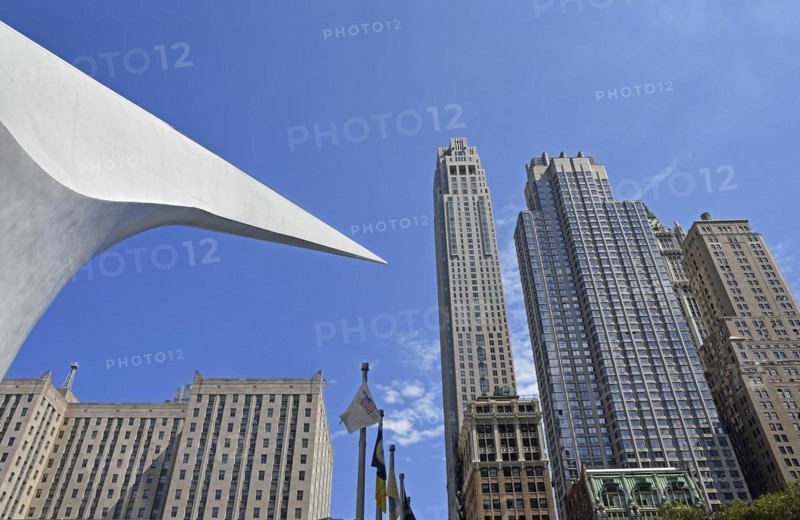 Top of the Oculus Building and skyscrapers, World Trade Centre Station, Transportation Hub, Ground Zero, Lower Manhattan, New York City, New York, USA, North America