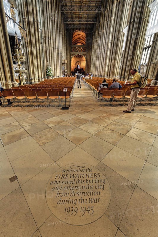 Memorial plaque in the floor, for the fire station in the 2nd World War, Canterbury Cathedral, The Cathedral of Christ Church, interior view, Canterbury, Kent, England, Great Britain