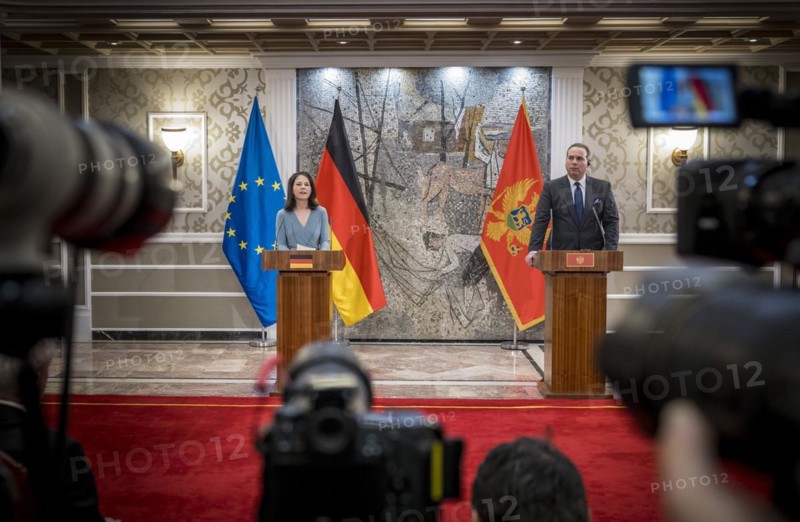 Annalena Baerbock (Alliance 90/The Greens), Federal Foreign Minister, photographed during her visit to Montenegro. Here a press conference with Foreign Minister Filip Ivanovic in Villa Gorica. 'Photographed on behalf of the Federal Foreign Office'