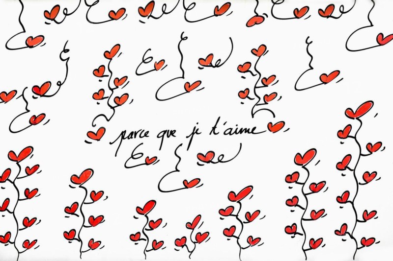 Street art, painted house wall with hearts and lettering on the theme of love, Montmartre, Paris, Ile-de-France, France, Europe
