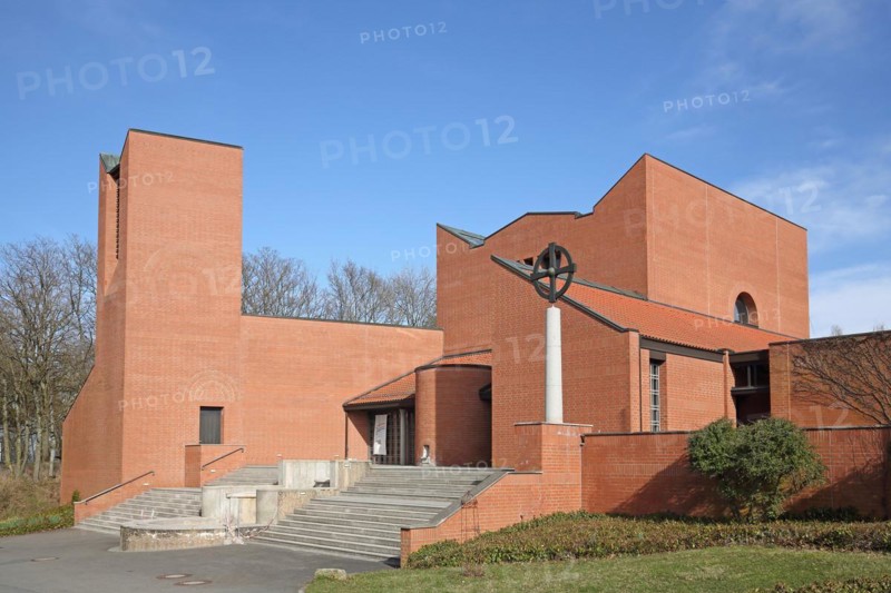 Modern St Michael's Church by architect Alexander von Branca 1987, Schwanberg Monastery, Casteller Ring Community, brick building, cross, Schwanberg, Steigerwald, Roedelsee, Iphofen, Lower Franconia, Franconia, Bavaria
