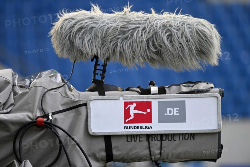 TV camera with outdoor microphone, windscreen, logo, Bundesliga, PreZero Arena, Sinsheim, Baden-Wuerttemberg, Germany, Europe