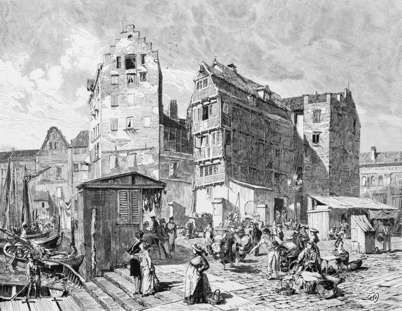 Market in Altona, Hamburg, trade, sale, huts, stall, half-timbered house, many people, baskets, woman, men, Elbe, bank, rowing boats, Germany, historical illustration 1880, Europe
