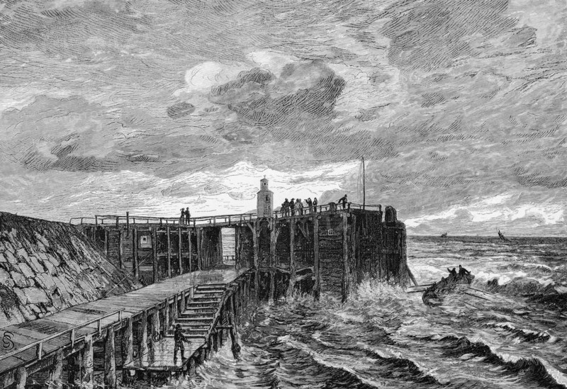 Die Alte Liebe in Cuxhaven, North Sea, pier, lighthouse, stairs, wind, waves, stone dam, people, Lower Saxony, Germany, historical illustration 1880, Europe