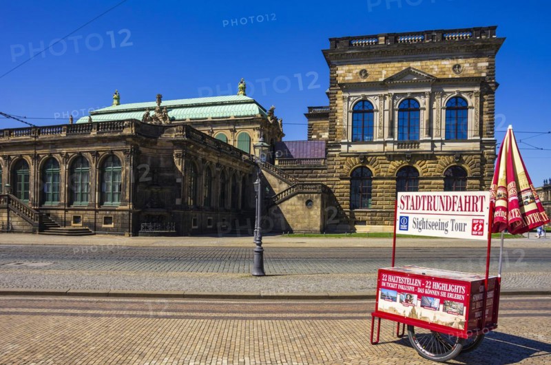 Ticket sales stand and stop for city tours on Sophienstrasse in front of the Dresden Zwinger, Inner Old Town, Dresden, Saxony, Germany, for editorial use only, Europe