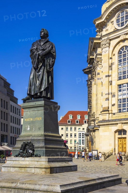 Statue of Doctor Martin Luther after Ernst Rietschel on the Neumarkt in front of the Church of Our Lady in Dresden, Saxony, Germany, Europe