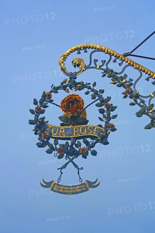 Nose sign of the restaurant Zur Rose, rose figure, inscription, golden, free-standing, main street, Ochsenfurt, Lower Franconia, Franconia, Bavaria, Germany, Europe