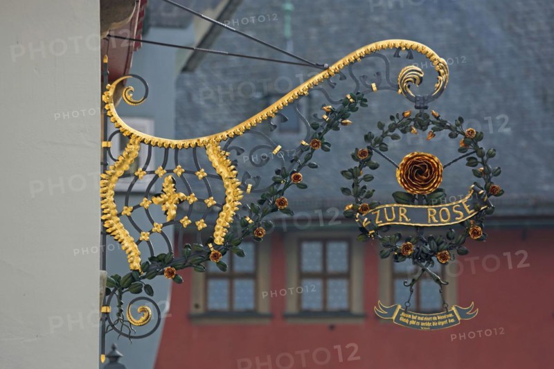 Nose sign of the restaurant Zur Rose, rose figure, inscription, lden, main street, Ochsenfurt, Lower Franconia, Franconia, Bavaria, Germany, Europe