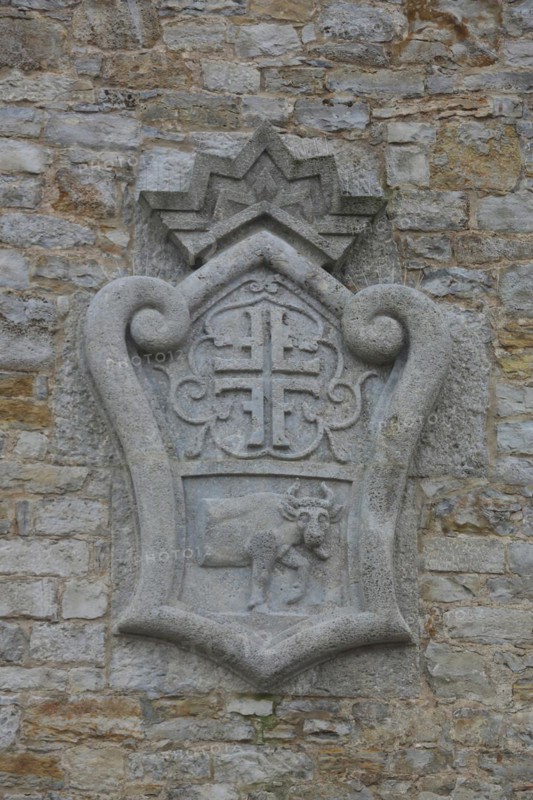 Town coat of arms with ox figure, bull figure, stone, relief, gymnastics club, Ochsenfurt, Lower Franconia, Franconia, Bavaria, Germany, Europe
