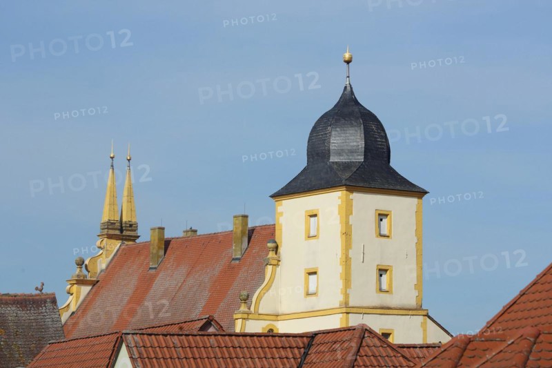 Renaissance castle built in 1580 with tower, roofs, Marktbreit, Lower Franconia, Franconia, Bavaria, Germany, Europe