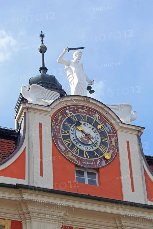 Pediment and clock with zodiac signs and Justitia with decorations on the baroque town hall, zodiac signs, market square, Bad Windsheim, Middle Franconia, Franconia, Bavaria, Germany, Europe