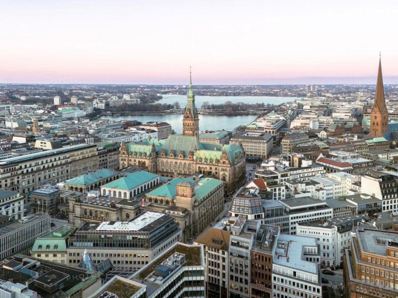 Aerial view of Hamburg City Hall with Inner Alster and Outer Alster Lake, Hamburg, Germany, Europe