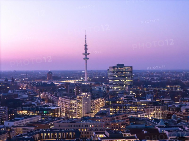 Aerial view at blue hour Heinrich Hertz television tower with exhibition centre, Hamburg, Germany, Europe