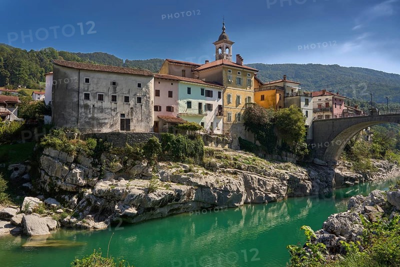 Canal ob Soci, picturesque village on the Soca river, trough gorge, on the right the canal bridge over the Soca river, central Soska valley, Primorska region, Slovenia, Europe