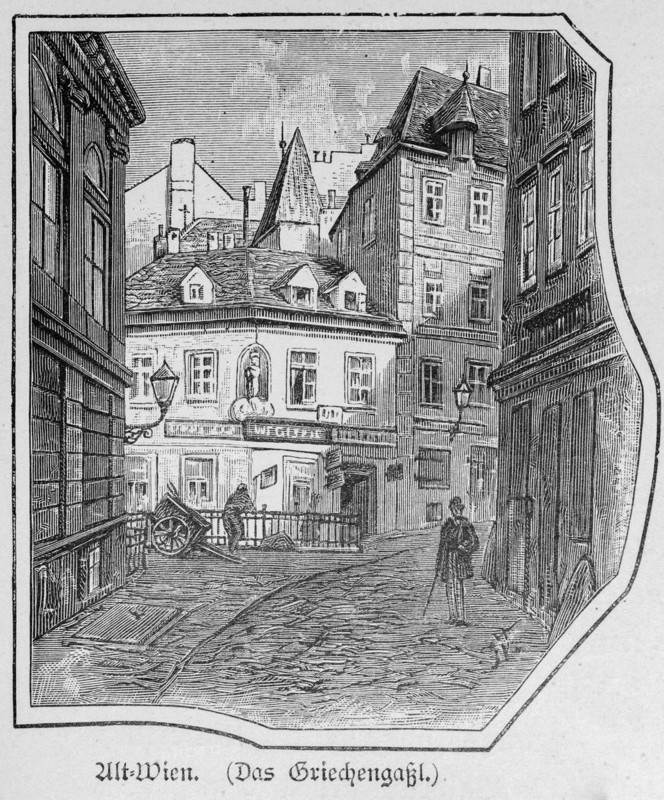 Griechengassl in Vienna, alley, alleyway, building, walker, shops, cash registers, Austria, historical illustration 1890, Europe