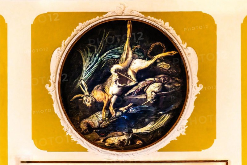Wall painting in the dining room with game dishes, Duino Castle, with spectacular view of the sea, private residence of the Princes of Thurn und Taxis, Duino, Friuli, Italy, Duino, Friuli, Italy, Europe