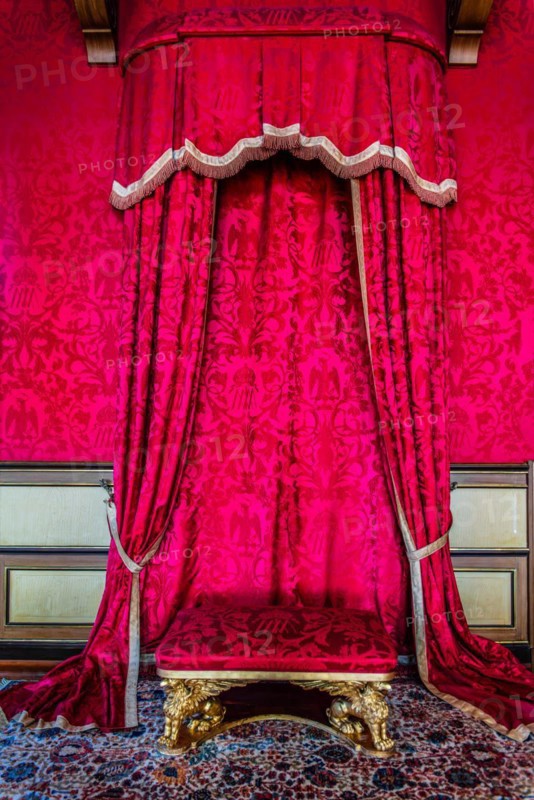 Throne armchair, neo-renaissance, neo-baroque style interior, Miramare Castle with marvellous view of the Gulf of Trieste, 1870, residence of Maximilian of Austria, princely living culture in the second half of the 19th century, Friuli, Italy, Trieste, Friuli, Italy, Europe