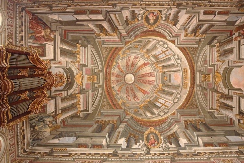 Organ and ceiling fresco by Giovanni Francesco Marchini 1729, baroque, interior view, mock architecture, mock painting, ceiling painting, arts and crafts, painting, view from below, Mauritiuskirche, Wiesentheid, Lower Franconia, Franconia, Bavaria, Germany, Europe