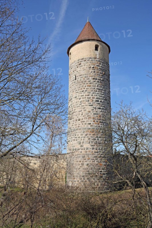 Historic owl defence tower with town wall, town fortification, defence tower, Iphofen, Lower Franconia, Franconia, Bavaria, Germany, Europe