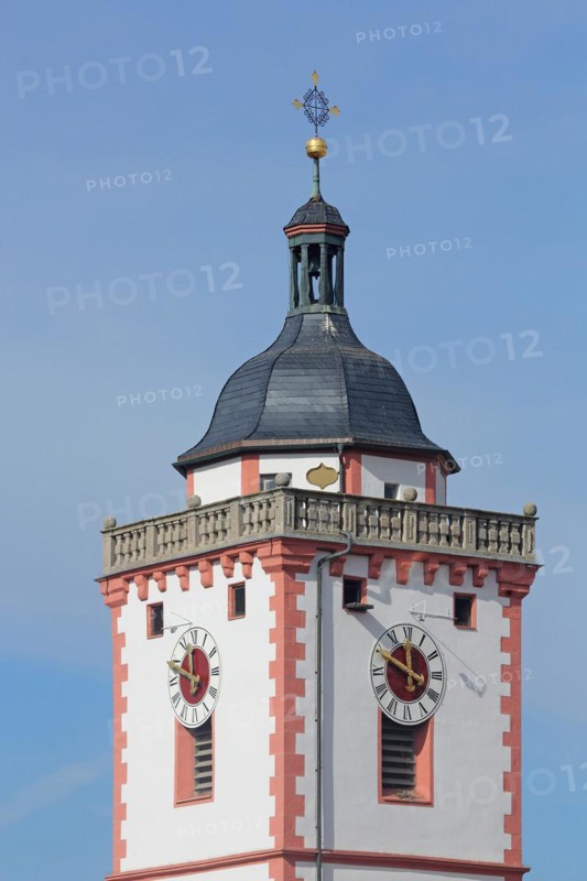 Tower of St Nicholas' Church built 15th century, church tower, St Nicholas' Church, Marktbreit, Lower Franconia, Franconia, Bavaria, Germany, Europe