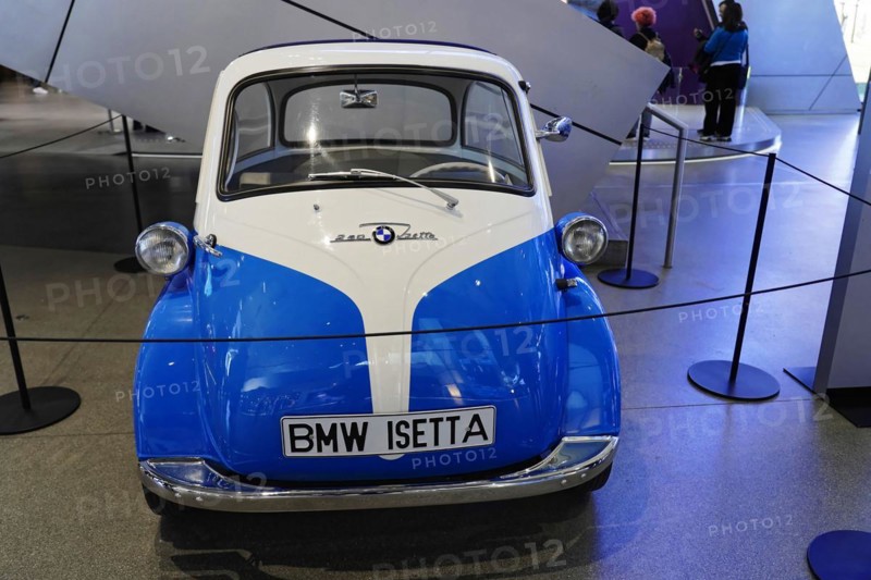 A blue and white BMW Isetta, classic car model in nostalgic design, BMW WELT, Munich, Germany, Europe