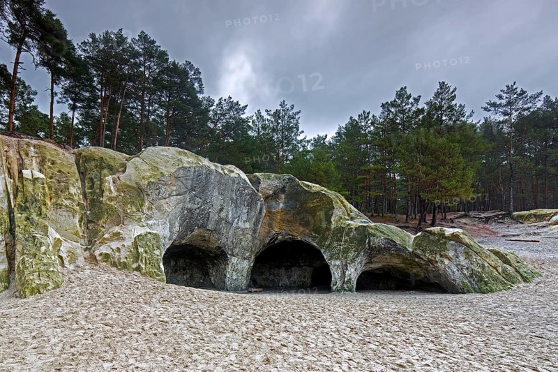The Sandhoehlen, sandstone caves in forest called Im Heers below the crags of Regenstein near Blankenburg, Harz, Saxony-Anhalt, Germany, Europe