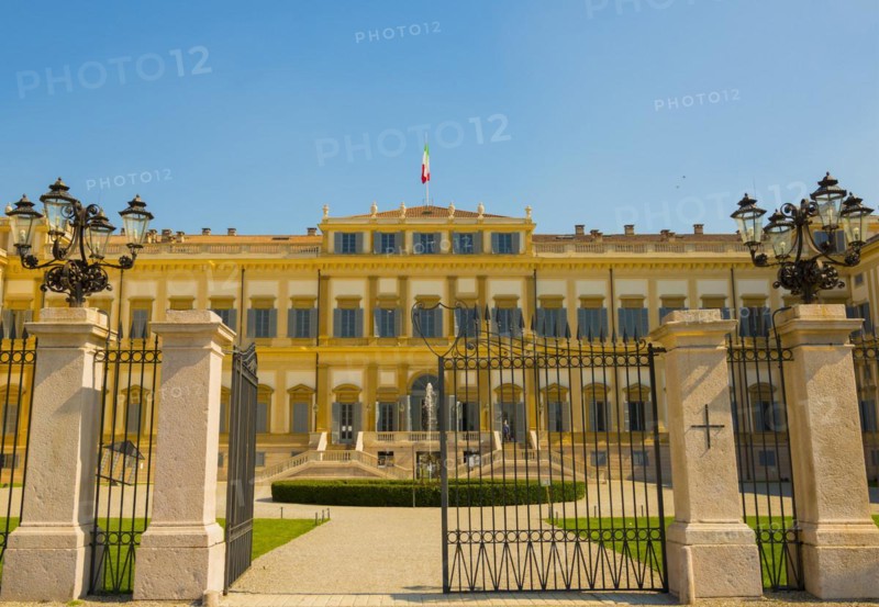 Main Entrance of Villa Reale and Water Fountain in Monza, Lombardy, Italy, Europe
