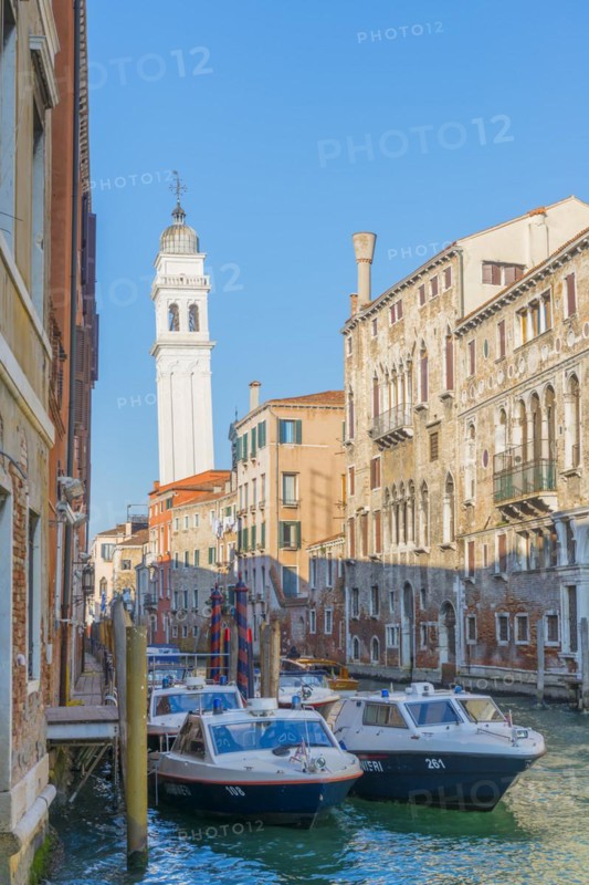 Police Station with Police Motorboat on Water Canal in a Sunny Day in City of Venice, Veneto, Italy, Europe