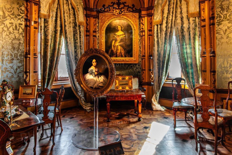 Charlotte's living room, interior in neo-renaissance, neo-baroque style, Miramare Castle with marvellous view of the Gulf of Trieste, 1870, residence of Maximilian of Austria, princely living culture in the second half of the 19th century, Friuli, Italy, Trieste, Friuli, Italy, Europe