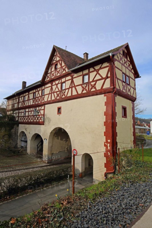 Historic pigeon tower, castle, gatehouse, town gate, half-timbered house, Ochsenfurt, Lower Franconia, Franconia, Bavaria, Germany, Europe
