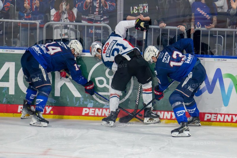 Battle for the puck at the boards. In the picture Stefan Loibl (13, Adler Mannheim), Jordan Szwarz (14, Adler Mannheim) and Maximilian Kislinger (21, Nuernberg Ice Tigers)