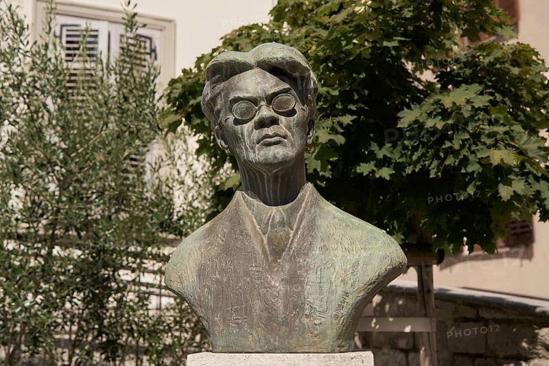 Bust of Marij Kogoj, Yugoslav composer, in the village of Kanal ob Soci, Primorska region, Slovenia, Europe