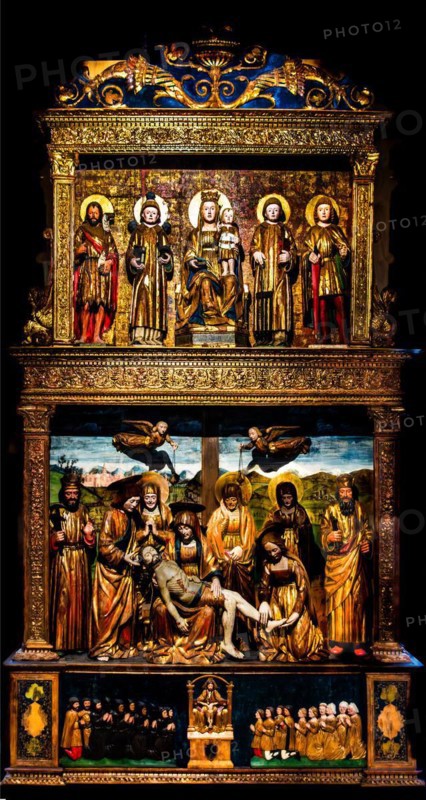 Wood carving with gilded wood, 1509, Giovanni Mioni, Museo Civico d'Arte, Palzuo Ricchieri, historic centre with magnificent noble palaces and Venetian-style arcades, Pordenone, Friuli, Italy, Pordenone, Friuli, Italy, Europe