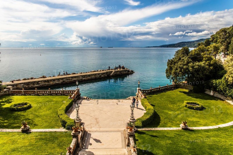 Park of Miramare Castle with marvellous view of the Gulf of Trieste, 1870, residence of Maximilian of Habsburg-Lorraine and Austria, princely living culture in the second half of the 19th century, Friuli, Italy, Trieste, Friuli, Italy, Europe