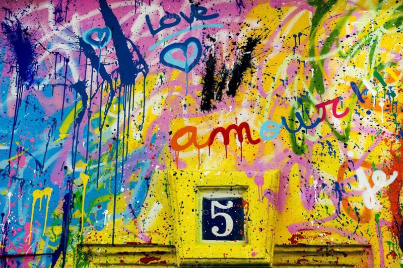 Street art, painted house wall with hearts and lettering on the theme of love, Montmartre, Paris, Ile-de-France, France, Europe