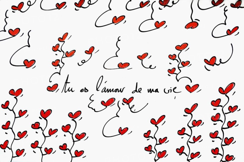 Street art, painted house wall with hearts and lettering on the theme of love, Montmartre, Paris, Ile-de-France, France, Europe
