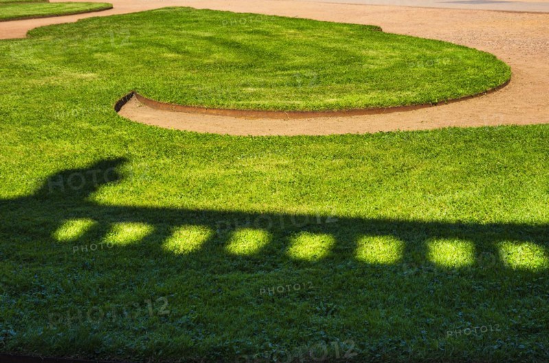 Ornate detail of greenery with shadows cast by a balustrade in the inner courtyard of the Dresden Zwinger, a jewel of Saxon Baroque, Dresden, Saxony, Germany, for editorial use only, Europe