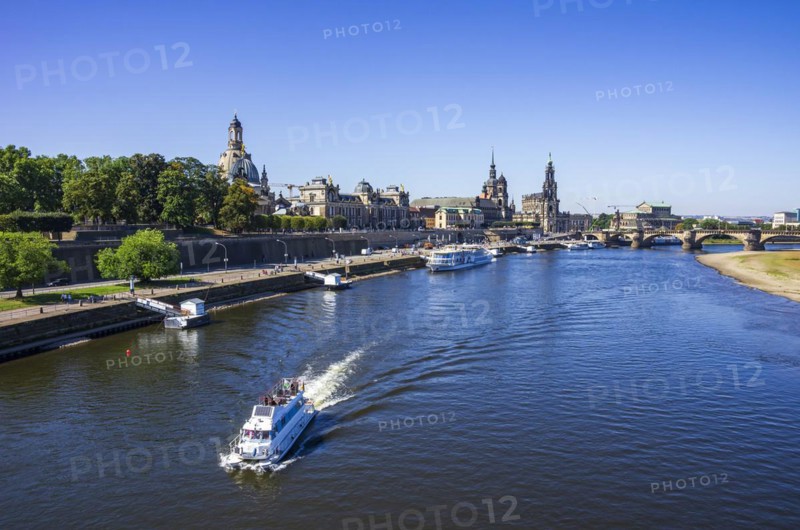 View of the historic old town ensemble on the Terrassenufer in Dresden, Saxony, Germany, Europe