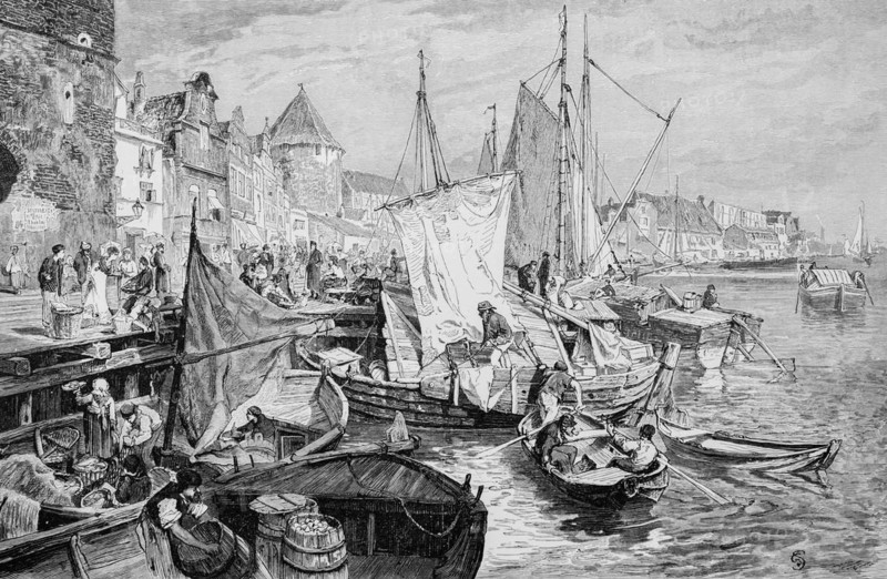 Market at the river Mottlau in Gdansk, Baltic Sea, harbour scene, many sailing ships, people, trade, economy, barrel, pier, shore, Poland, historical illustration 1880, Europe
