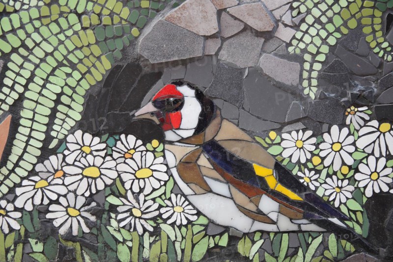 Wall mosaic with goldfinch by Isidora Paz Lopez 2019, one, colourful, yellow, red, bird figure, goldfinch, finch, flower figures, flower figures, arts and crafts, tiles, tiles, Lopez, rock staircase, bird staircase, Pirmasens, Palatinate Forest, Rhineland-Palatinate, Germany, Europe