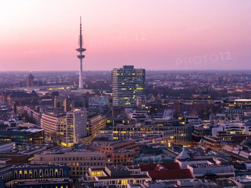 Aerial view at blue hour Heinrich Hertz television tower with exhibition centre, Hamburg, Germany, Europe