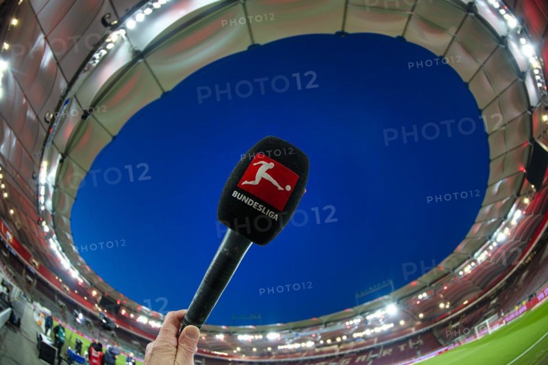 Microphone, microphone, logo, Bundesliga, interior, floodlit match, blue hour, MHPArena, MHP Arena Stuttgart, Baden-Wuerttemberg, Germany, Europe