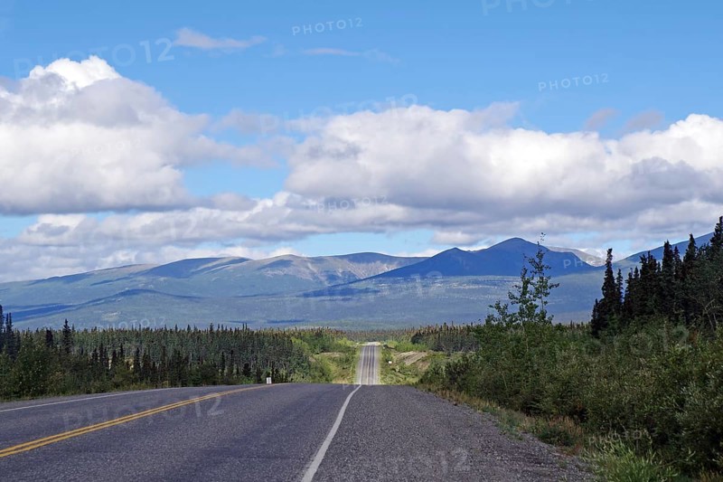 Road without traffic leads through endless forest valleys, late summer, Alaska Highway, Whitehorse, Yukon Territory, Canada, North America